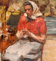Cusătoreasă by Samuel Mützner, anii '20, ulei pe carton, offered Dec 2023