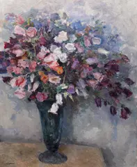 Buchet cu lisianthus by Samuel Mützner, 1936, ulei pe pânză, sold Dec 2023