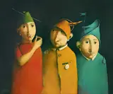 Les trois soldats by Georges Mazilu, acrilic pe pânză, sold Dec 2023