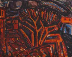 Genko Genkov, Landscape in orange, oil on canvas
