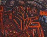 Genko Genkov, Landscape in orange, oil on canvas