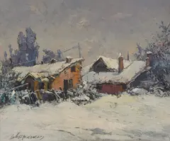 Ivan Trichkov, Winter time in the village, oil on cardboard