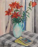 Still life with orange lilies by Ekaterina Savova-Nenova, oil on plywood, sold Dec 2023