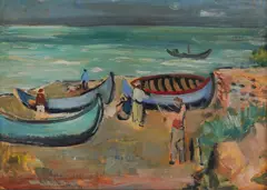 Fishermen in Balchik by Bencho Obreshkov, 1946, oil on cardboard, sold Dec 2023
