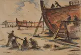 Hristo Kavarnaliev, Ship building, 1943, coloured pencils and ink on paper