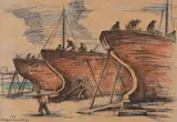 Hristo Kavarnaliev, Shipyard in Varna, 1943, coloured pencills and ink on paper
