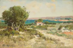 Pelješac Landscape by Mato Celestin Medović, 1910.-1915., oil on wood, offered Dec 2023
