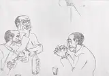 Piliuță la cârciumă by Constantin Piliuță, 1997, tuș pe hârtie, sold Nov 2023