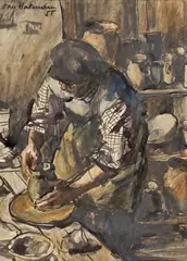 Dan Hatmanu, Atelierul de olărit, 1955, acuarelă și tuș pe hârtie