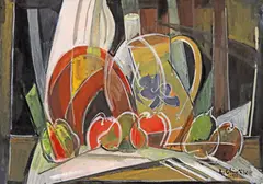 Spiru Chintilă, Natură statică cu vase populare și fructe, 1955, guașă pe carton