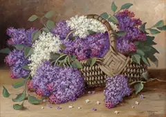 Coș cu liliac by Elena Müller-Stăncescu, ulei pe carton, sold Nov 2023