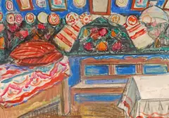 Eugenia Iftodi, Interior tradițional, 1962, acuarelă și pastel pe hârtie