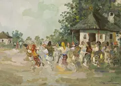 Hora de duminică by Constion, ulei pe carton, sold Nov 2023
