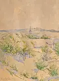 Dimitrie Szilaghi, Vedere din Aghireș (Cluj), 1925, acuarelă pe hârtie lipită pe carton
