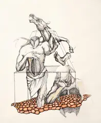 Mihai Stănescu, Omagiu lui Dali, 1995, tuș și acuarelă pe hârtie