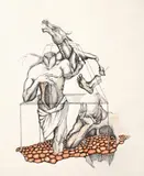 Mihai Stănescu, Omagiu lui Dali, 1995, tuș și acuarelă pe hârtie