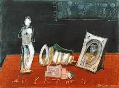 Corneliu Petrescu, Amintiri, 1995, ulei, acrilic, colaj și foiță de aur pe carton