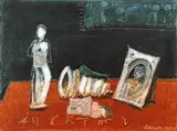 Corneliu Petrescu, Amintiri, 1995, ulei, acrilic, colaj și foiță de aur pe carton