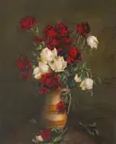 Canceu cu trandafiri by Leon Biju, ulei pe carton, sold Nov 2023