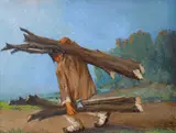 Tăietorul de lemne by Leon Biju, 1963, ulei pe carton, sold Nov 2023