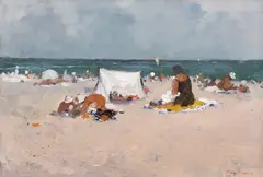 La plajă by Pan Ioanid, ulei pe carton, sold Nov 2023