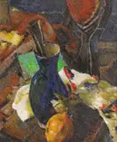 Natură statică cu ștergar și ulcior cu pensule by Leon Biju, ulei pe carton, offered Nov 2023