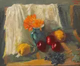 Natură statică cu crizanteme și gutui by Leon Biju, 1964, ulei pe carton, offered Nov 2023