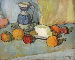 Constantin Mihalcea-Bragă, Natură statică cu ulcior și fructe, 1963, ulei pe carton