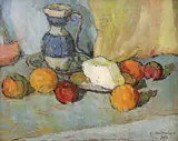 Constantin Mihalcea-Bragă, Natură statică cu ulcior și fructe, 1963, ulei pe carton
