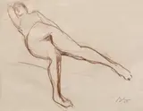 Corneliu Baba, Nud pe canapea, 1968, creion colorat pe hârtie lipită pe carton