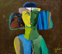 Portret cu vise by Liviu Suhar, 1975, ulei pe pânză, sold Nov 2023