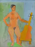 Nud cu chitară by Alexandru Ciucurencu, a doua jumătate a anilor '60, ulei pe pânză lipită pe carton, sold Nov 2023