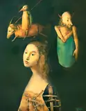 Portrait de femme avec deux guerriers by Georges Mazilu, acrilic pe pânză, sold Nov 2023