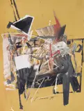 Petru Lucaci, Compoziție (Don Quijote), 1993, guașă și colaj pe hârtie lipită pe carton