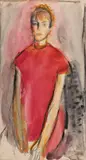 Corneliu Baba, Portret în roșu, anii '60, acuarelă, cărbune și creion pe hârtie