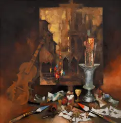 Ovidiu Oprea, Natură statică de atelier, ulei pe pânză