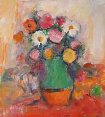 Vas cu flori de primăvară by Ion Musceleanu, 1979, ulei pe pânză lipită pe carton, sold Nov 2023