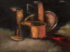 Natură statică cu vase by Mircea Ciobanu, ulei pe carton, offered Nov 2023