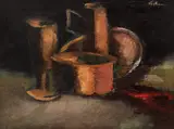 Mircea Ciobanu, Natură statică cu vase, ulei pe carton