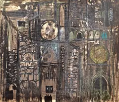 Sever Frențiu, Catedrală, 1968, acuarelă, tuș, cărbune și creioane colorate pe hârtie