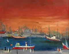 Constantin Calafeteanu, Apus în port, 1979, ulei pe pânză