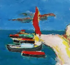 Bărci la mal by Ion Pacea, cca. 1988, ulei pe pânză lipită pe carton, sold Nov 2023