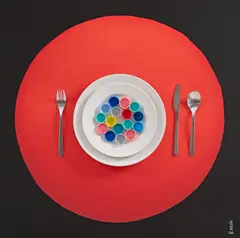 Atoma, Reuse Your Plastic, colaj, tacâmuri inox, farfurii ceramică și capace de plastic pe carton