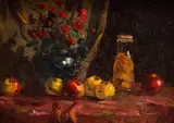 Rezes Molnár Lajos, Natură statică cu flori și mere, ulei pe pânză lipită pe carton