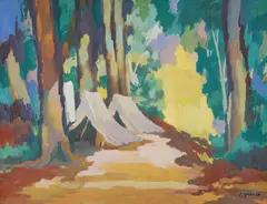 Marijan Trepše, Šatori u šumi, 1940., tempera na tankom kartonu