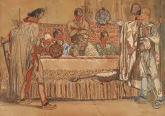 Mirko Rački, Kneževa večera, 1916., akvarel, gvaš i olovka na papiru zaljepljenom na karton