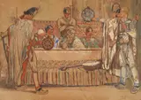 Mirko Rački, Kneževa večera, 1916., akvarel, gvaš i olovka na papiru zaljepljenom na karton