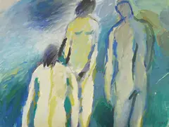 Siluete u plavom by Đuro Seder, tempera na papiru, offered Oct 2023