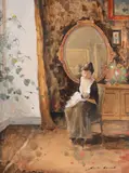 Cântec de leagăn by Nicolae Vermont, acuarelă și guașă pe hârtie, sold Oct 2023