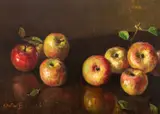 Natură statică cu mere by Octav Băncilă, ulei pe lemn, offered Oct 2023
